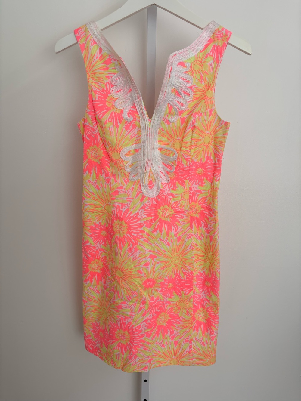 Lilly Pulitzer Neon Pink & Yellow Floral V-Neck Dress with White Trim